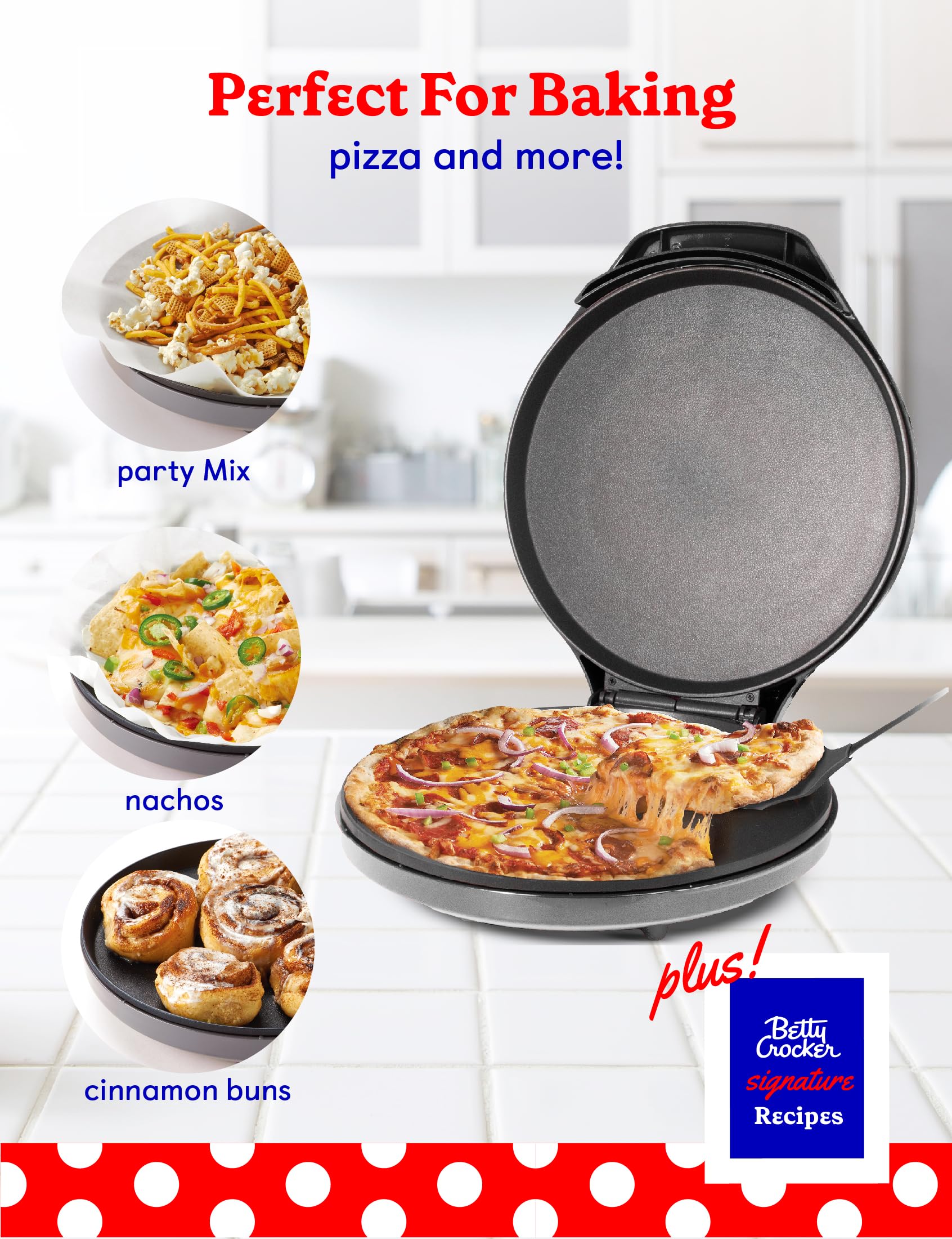 Close-up of Betty Crocker Pizza Maker Plus cooking pizzas without oven.