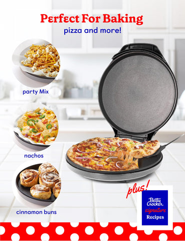 Close-up of Betty Crocker Pizza Maker Plus cooking pizzas without oven.