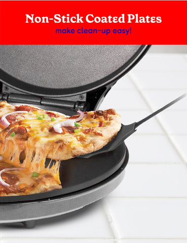 Betty Crocker Pizza Maker Plus preparing quesadillas on nonstick surface.
