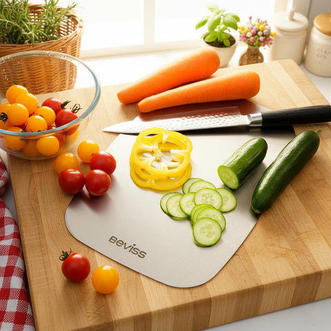 BEVISS cutting board 18/8 stainless steel surface resists rust and stains.