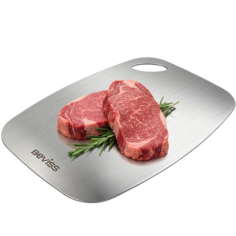 BEVISS cutting board top view shows double-sided design for versatile food prep.