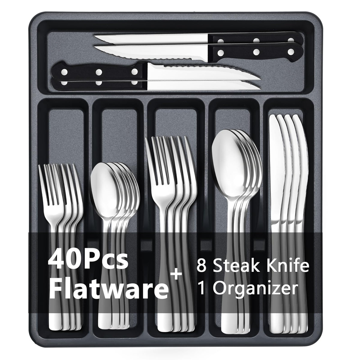 BEWOS 49-piece silverware set in organizer, ideal for family dinners and easy drawer storage.