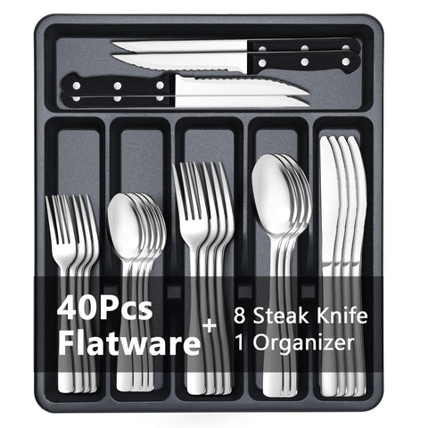BEWOS 49-piece silverware set in organizer, ideal for family dinners and easy drawer storage.