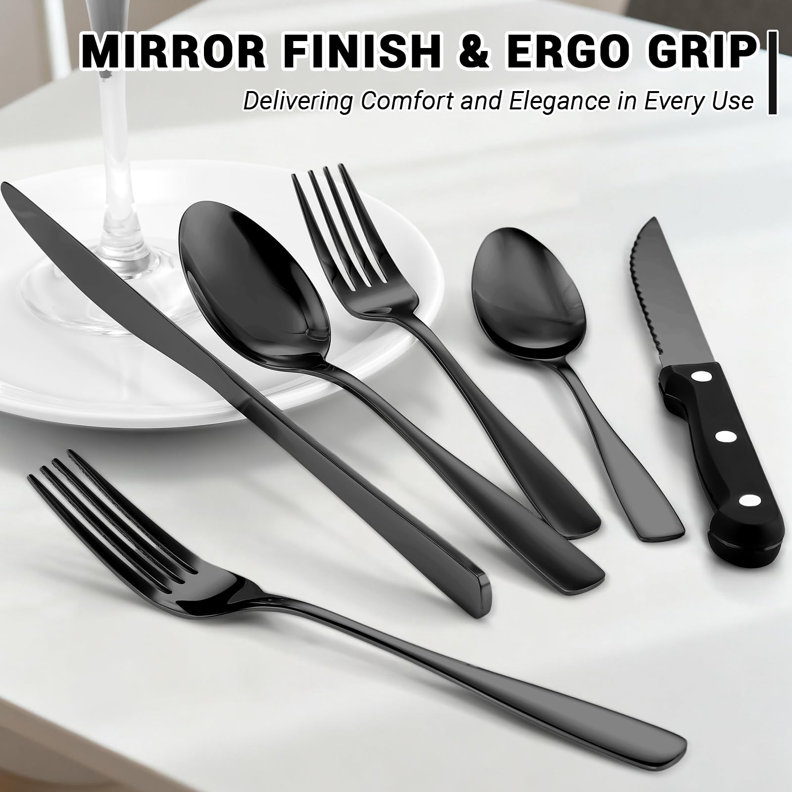 BEWOS dinner forks ready for a meal, showcasing a sleek black stainless style.