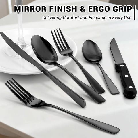 BEWOS dinner forks ready for a meal, showcasing a sleek black stainless style.
