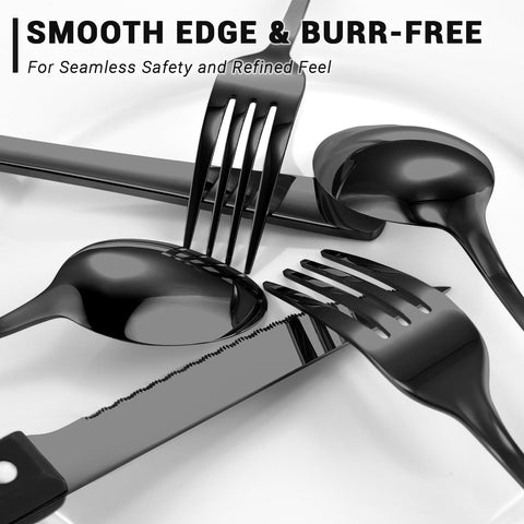 BEWOS dinner knives with sharp edges and pristine black finish for clean cuts.