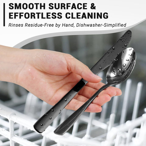 BEWOS spoons and forks displayed for everyday meals with elegant black stainless steel.