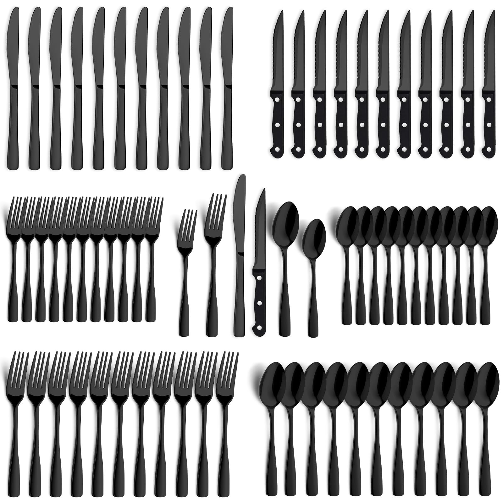 BEWOS 72-piece black silverware set on a table, elevating everyday dining with a modern mirror finish.