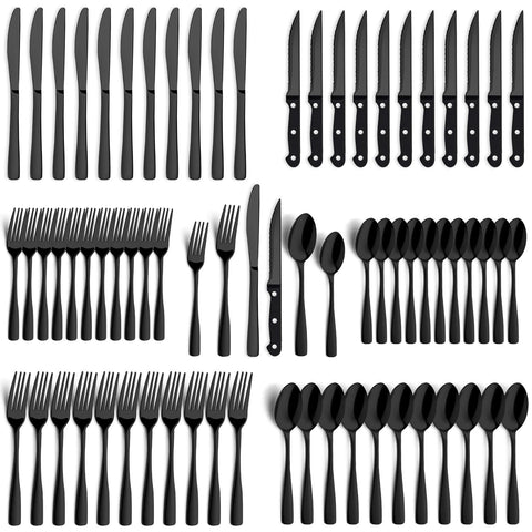BEWOS 72-piece black silverware set on a table, elevating everyday dining with a modern mirror finish.