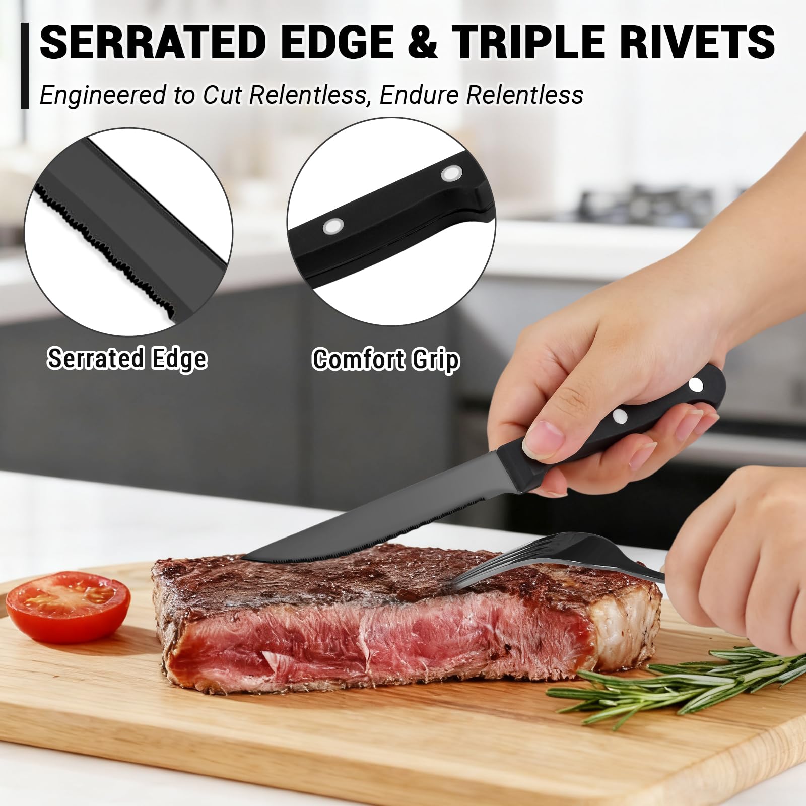 BEWOS steak knives showing balanced design and non-slip grip for precise slicing.