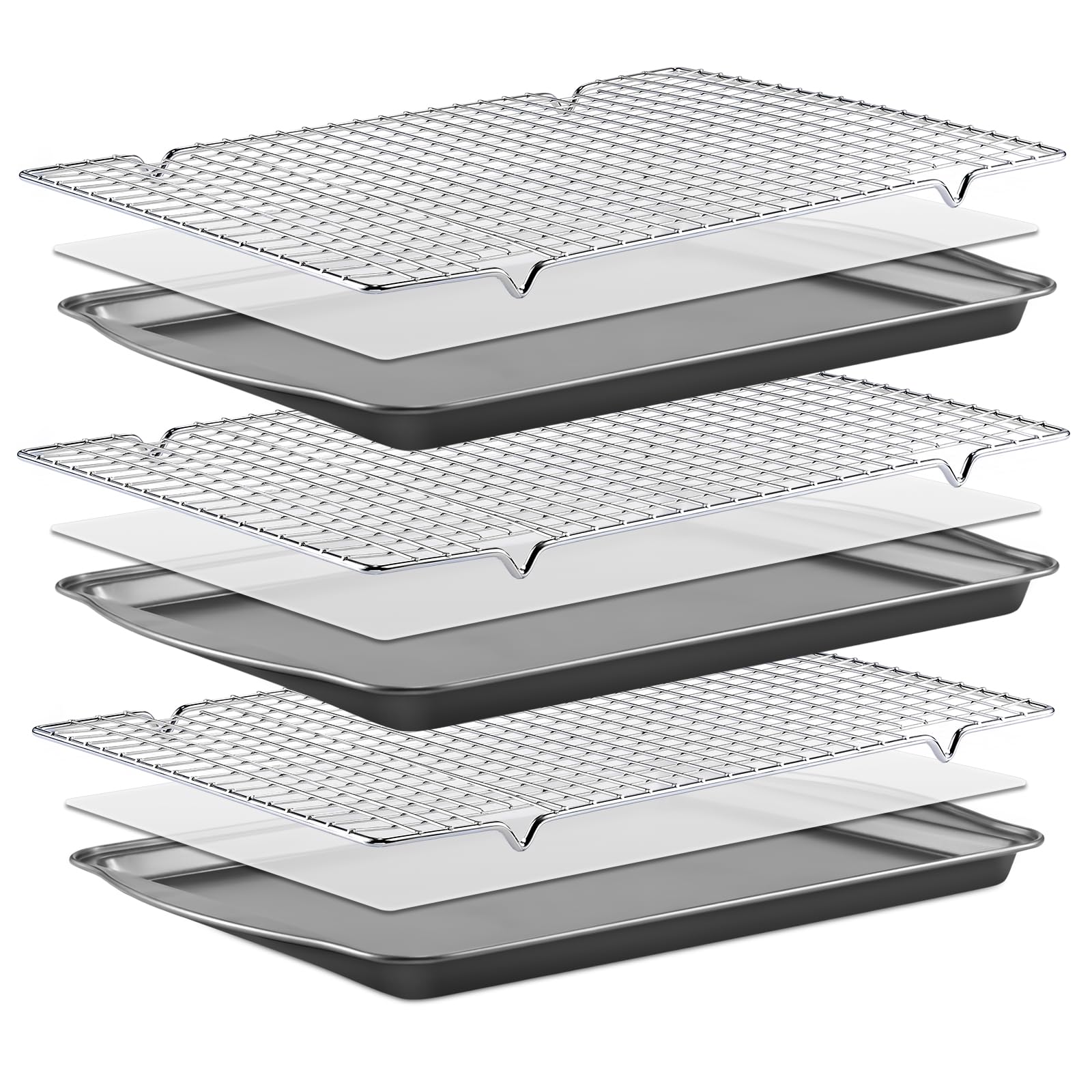 BEWOS baking sheet set with three sheets for even browning and versatile baking.