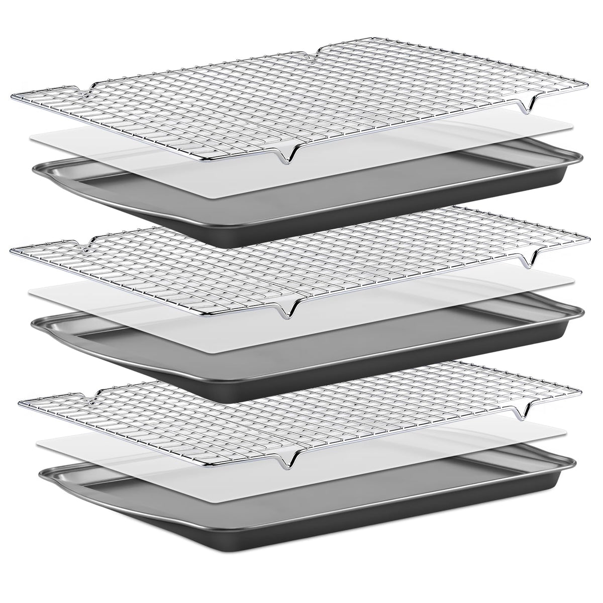 BEWOS baking sheet set with three sheets for even browning and versatile baking.