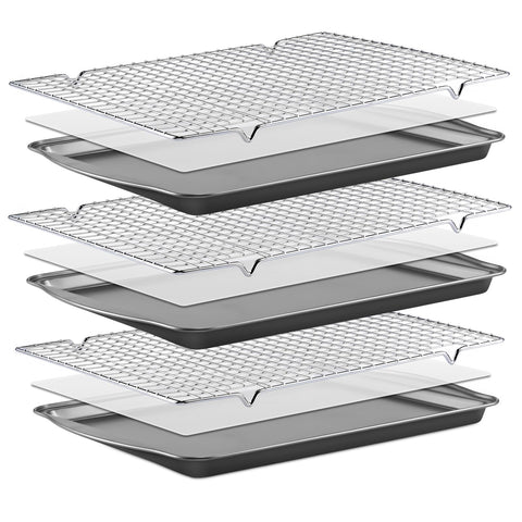 BEWOS baking sheet set with three sheets for even browning and versatile baking.