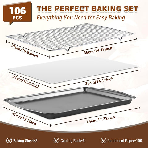 BEWOS baking sheet set with three wire racks promotes even cooling and airflow.