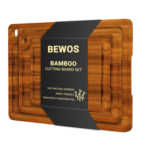 BEWOS bamboo cutting board set large with handles and juice groove for easy serving