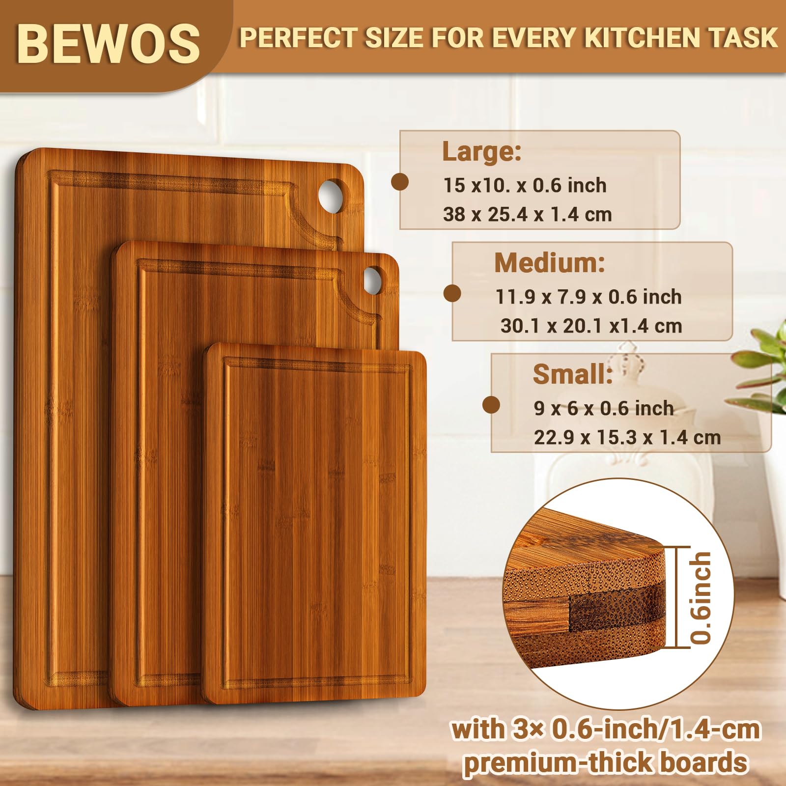 BEWOS bamboo cutting board set medium ideal for meat prep and knife-friendly cutting