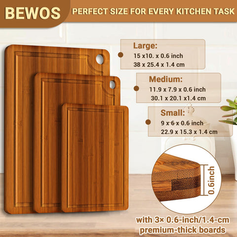 BEWOS bamboo cutting board set medium ideal for meat prep and knife-friendly cutting