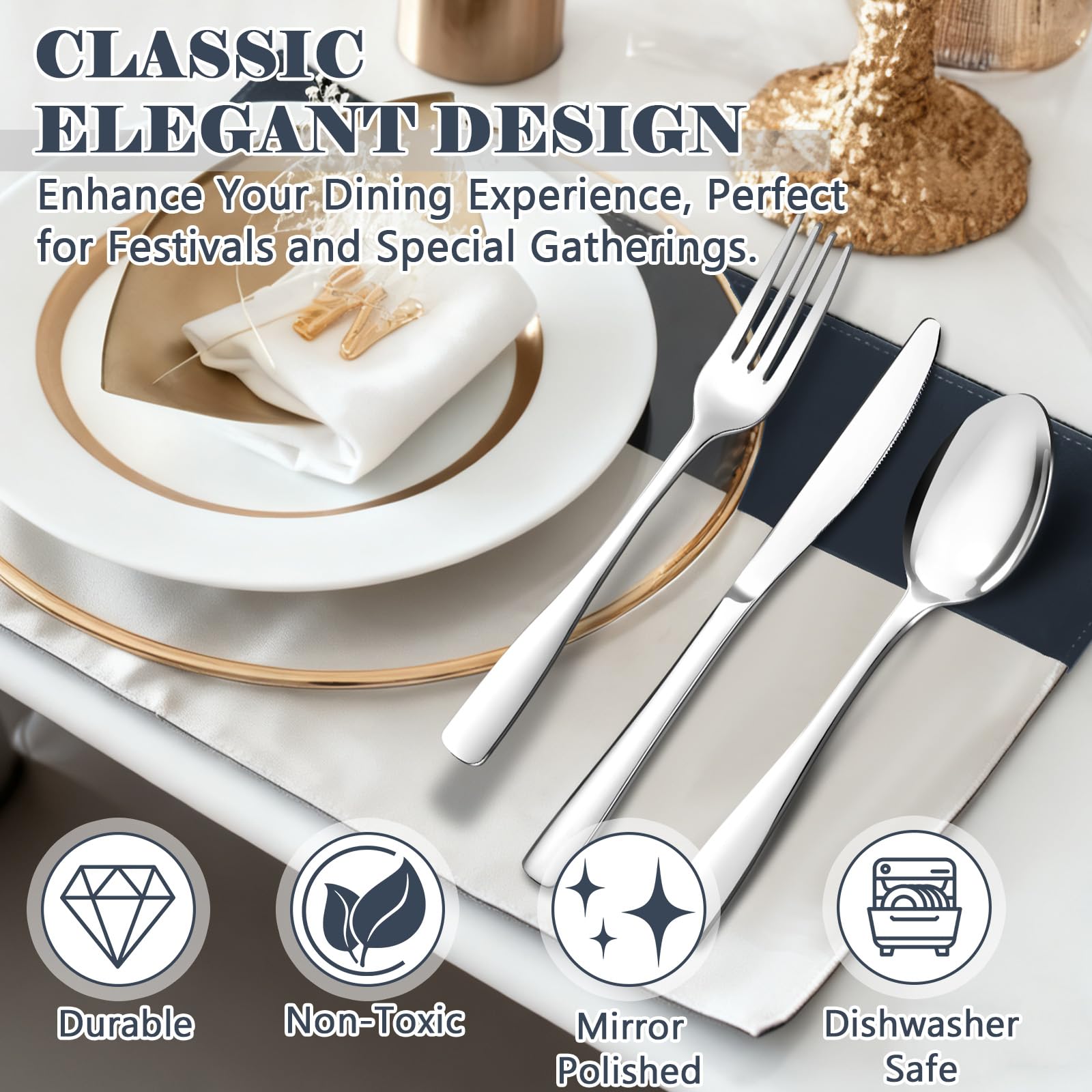BEWOS elegant table setting for eight, ready for daily meals or special occasions.