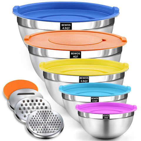 BEWOS mixing bowls with lids set for organized prep and versatile cooking