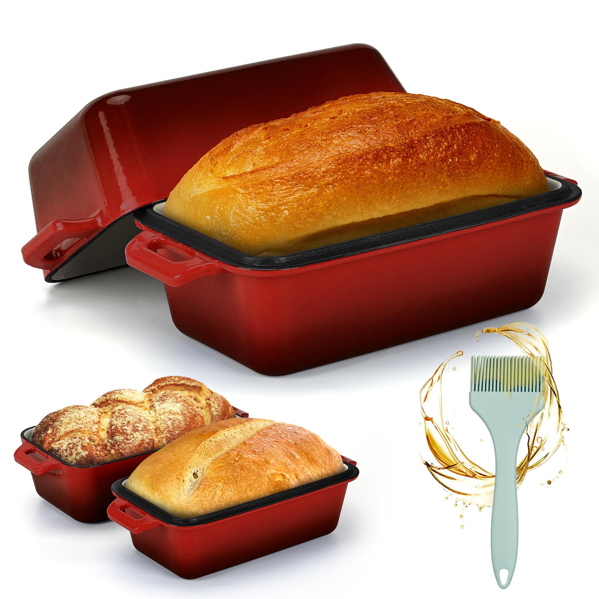 Bexmder cast iron loaf pan with lid showing enamel finish for even heat distribution.