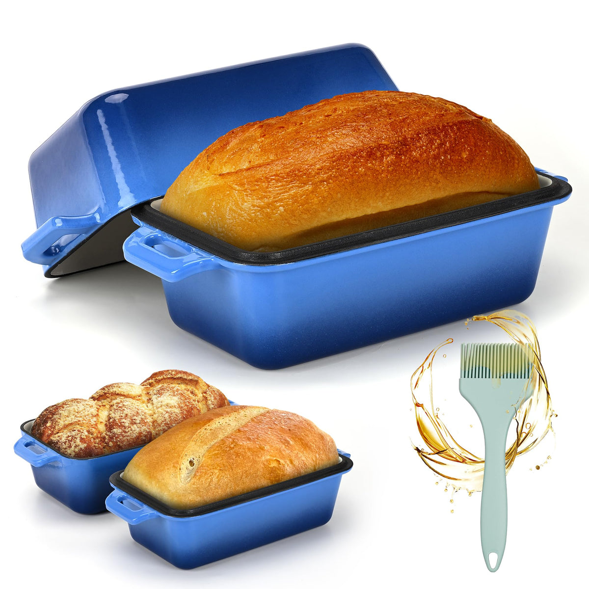 Bexmder cast iron loaf pan with lid for even heat distribution.