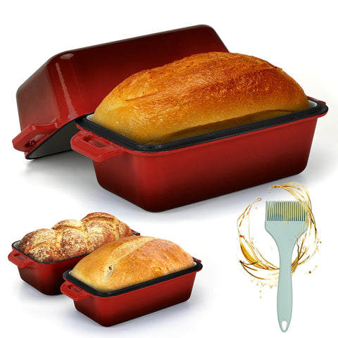 Bexmder cast iron loaf pan with lid showing enamel finish for even heat distribution.