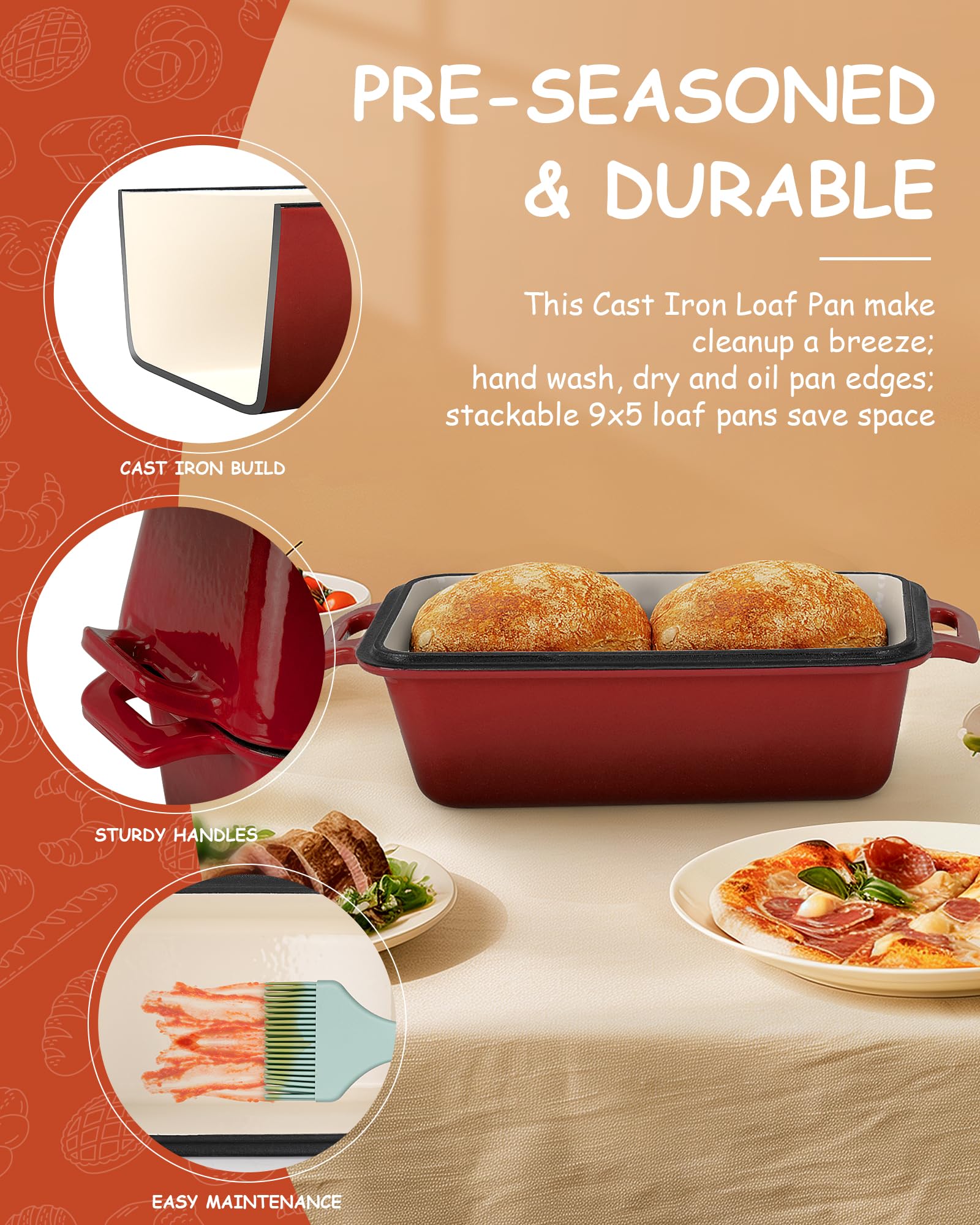 Bexmder enamel surface promotes even browning and simple release.