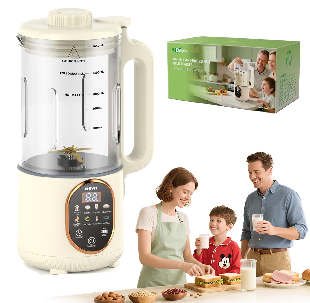 Beyn 10-in-1 nut milk maker 60oz jar for creamy almond milk at home