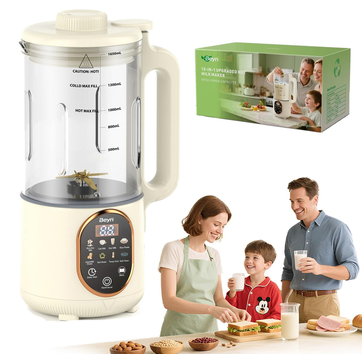 Beyn 10-in-1 nut milk maker 60oz jar for creamy almond milk at home