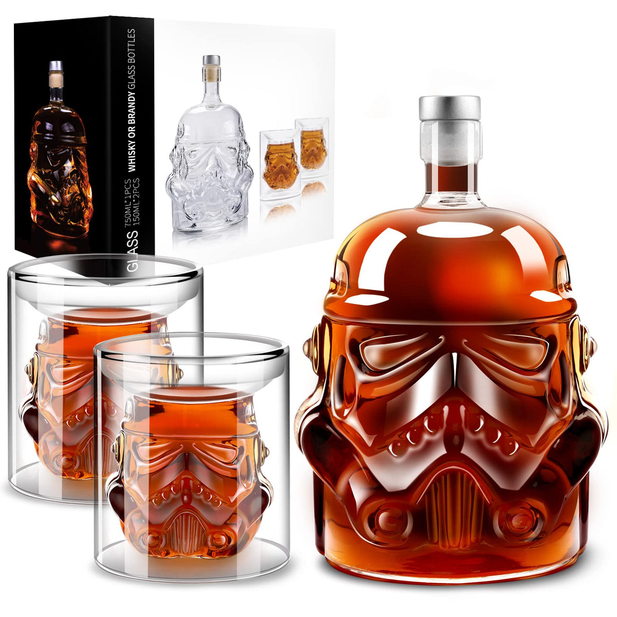 BEYOND MS whiskey decanter set with two glasses for entertaining guests.