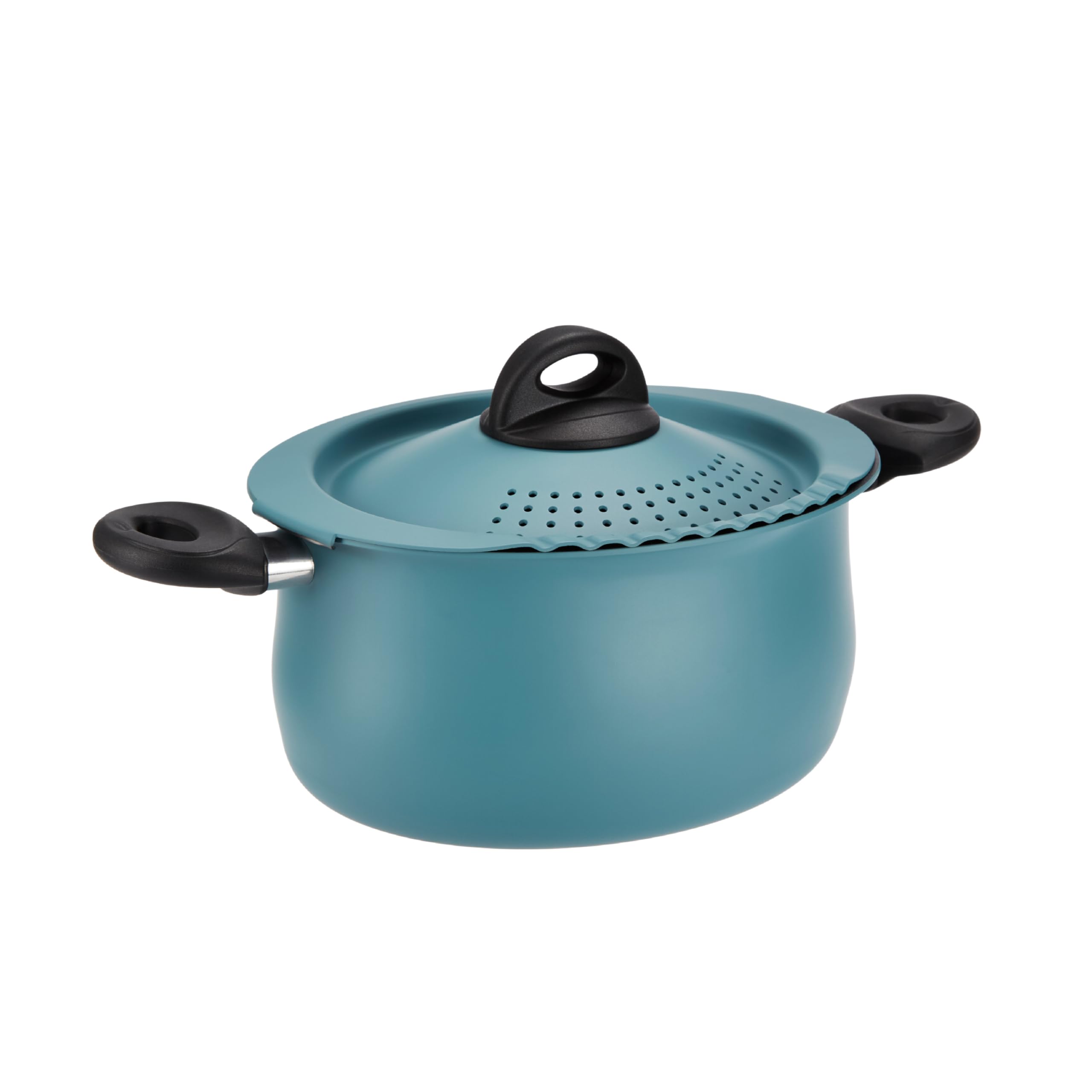 Bialetti Taste of Italy teal pot shows heat-resistant handles for a cool, comfortable grip.