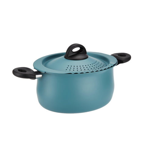 Bialetti Taste of Italy teal pot shows heat-resistant handles for a cool, comfortable grip.