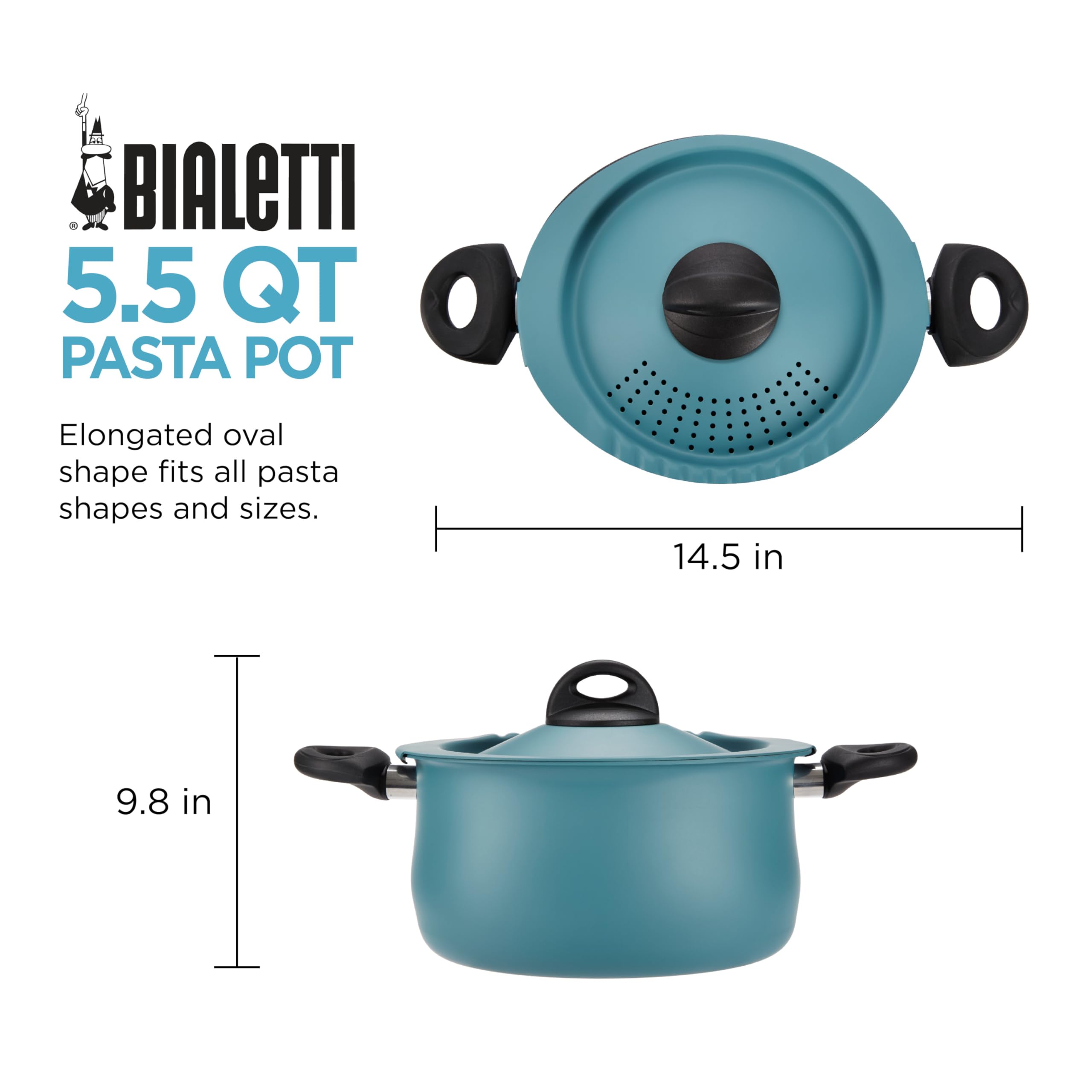 Bialetti Taste of Italy teal nonstick interior supports quick release and simple cleanup.