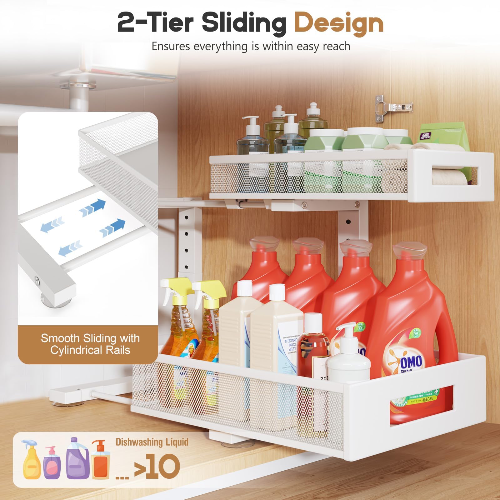 Biboraya adjustable-height under-sink organizer adapts to plumbing layouts.