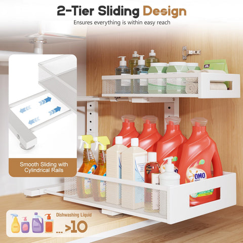 Biboraya adjustable-height under-sink organizer adapts to plumbing layouts.