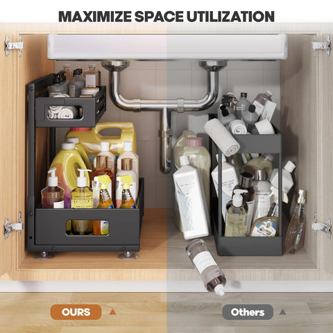Biboraya dual-layer storage helps categorize items under the sink