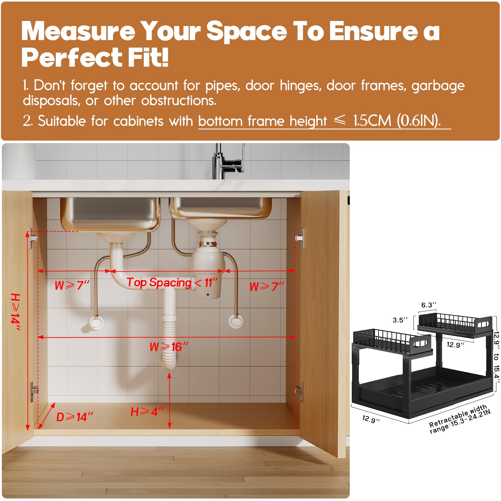 Biboraya height-adjustable under-sink storage fits various cabinet sizes and pipes.
