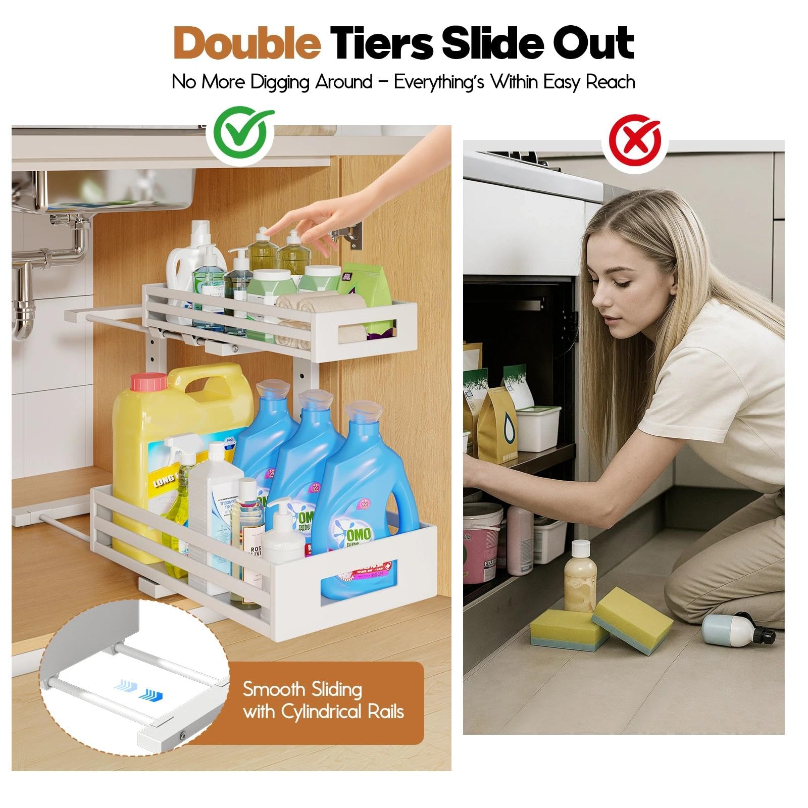 Biboraya height-adjustable under-sink organizer fits tall bottles.