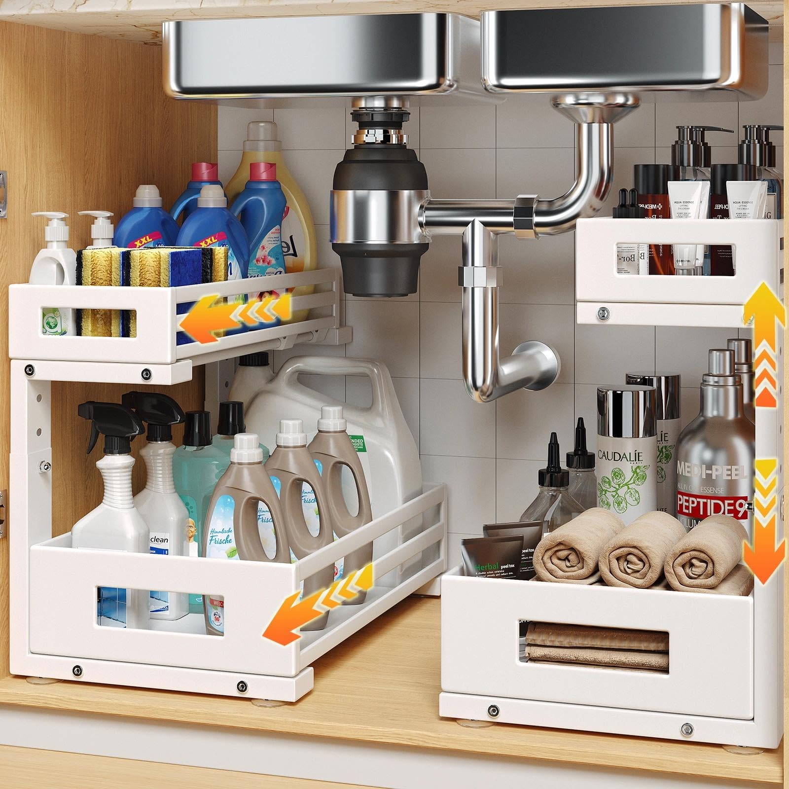 Biboraya L-shaped under-sink organizer with two tiers fits around pipes and maximizes storage.