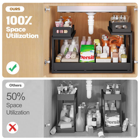 Biboraya L-shaped under-sink organizer avoids pipes to maximize space.
