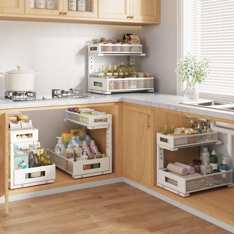 Biboraya L-shaped under-sink storage maximizing vertical space around pipes.