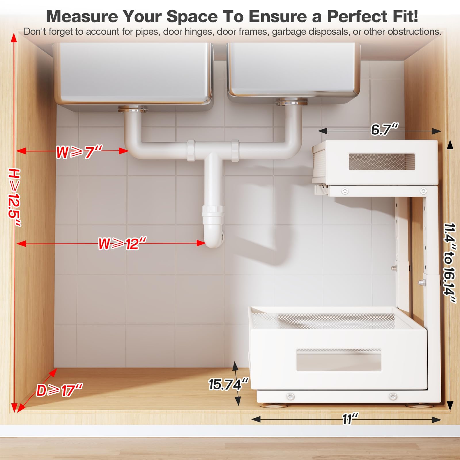 Biboraya pull-out under-sink drawer for deep shelf access and streamlined organization.