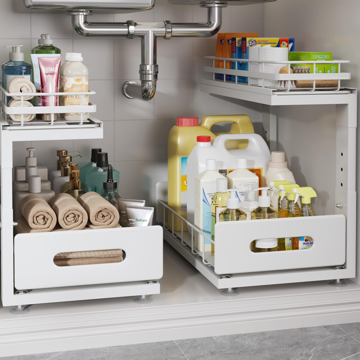 Biboraya two-tier under-sink organizer with pull-out drawers for space optimization