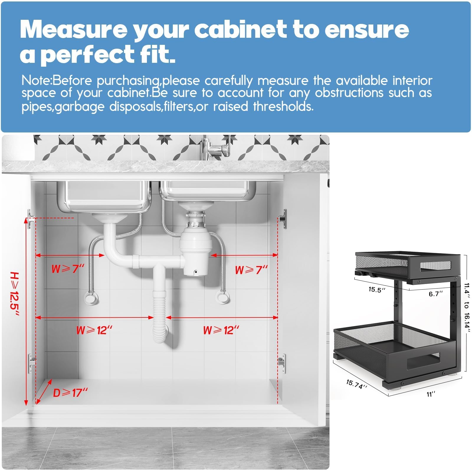 Biboraya under sink organizer top basket showing slim profile for spices and small items