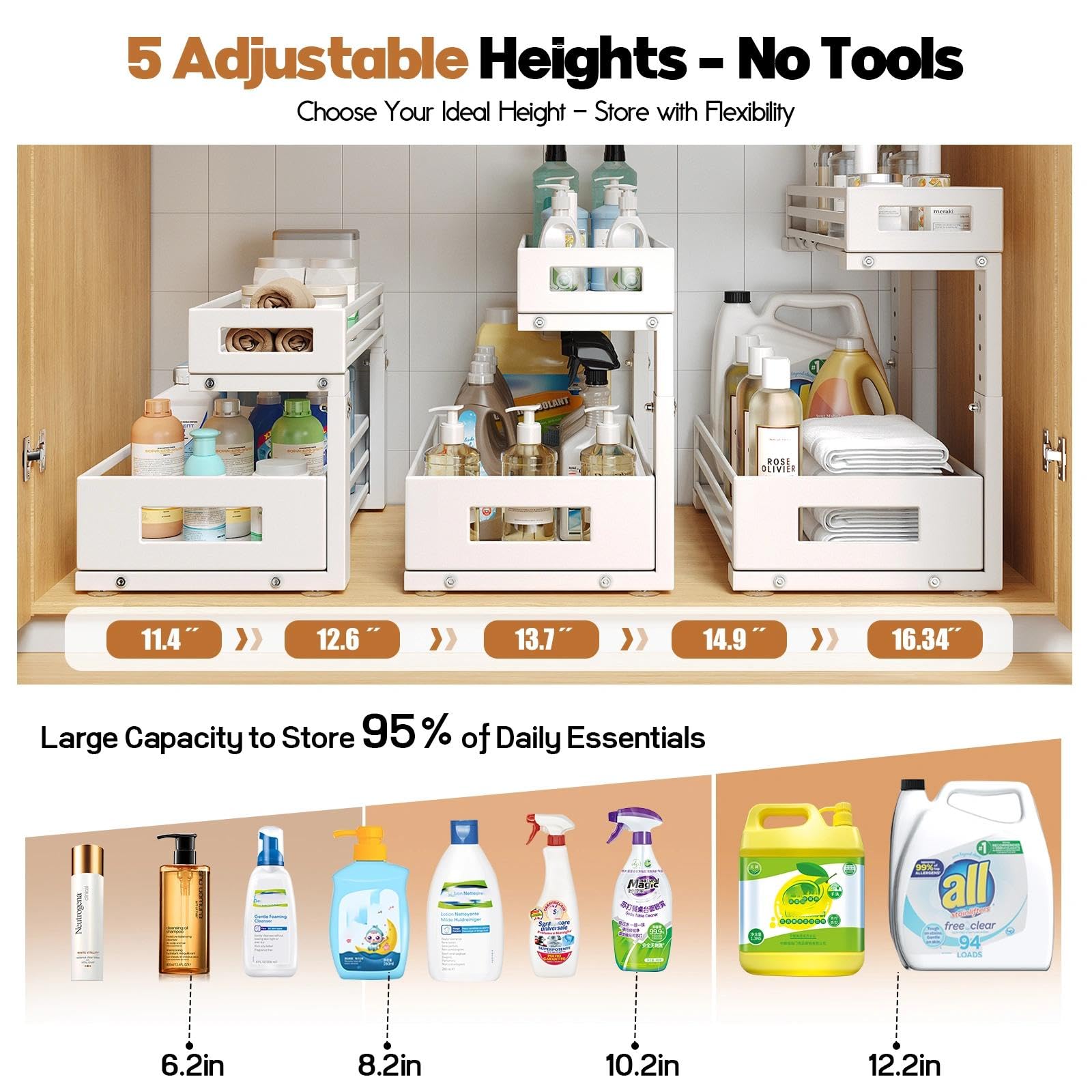 Biboraya white under-sink cabinet organizer brightens the space.