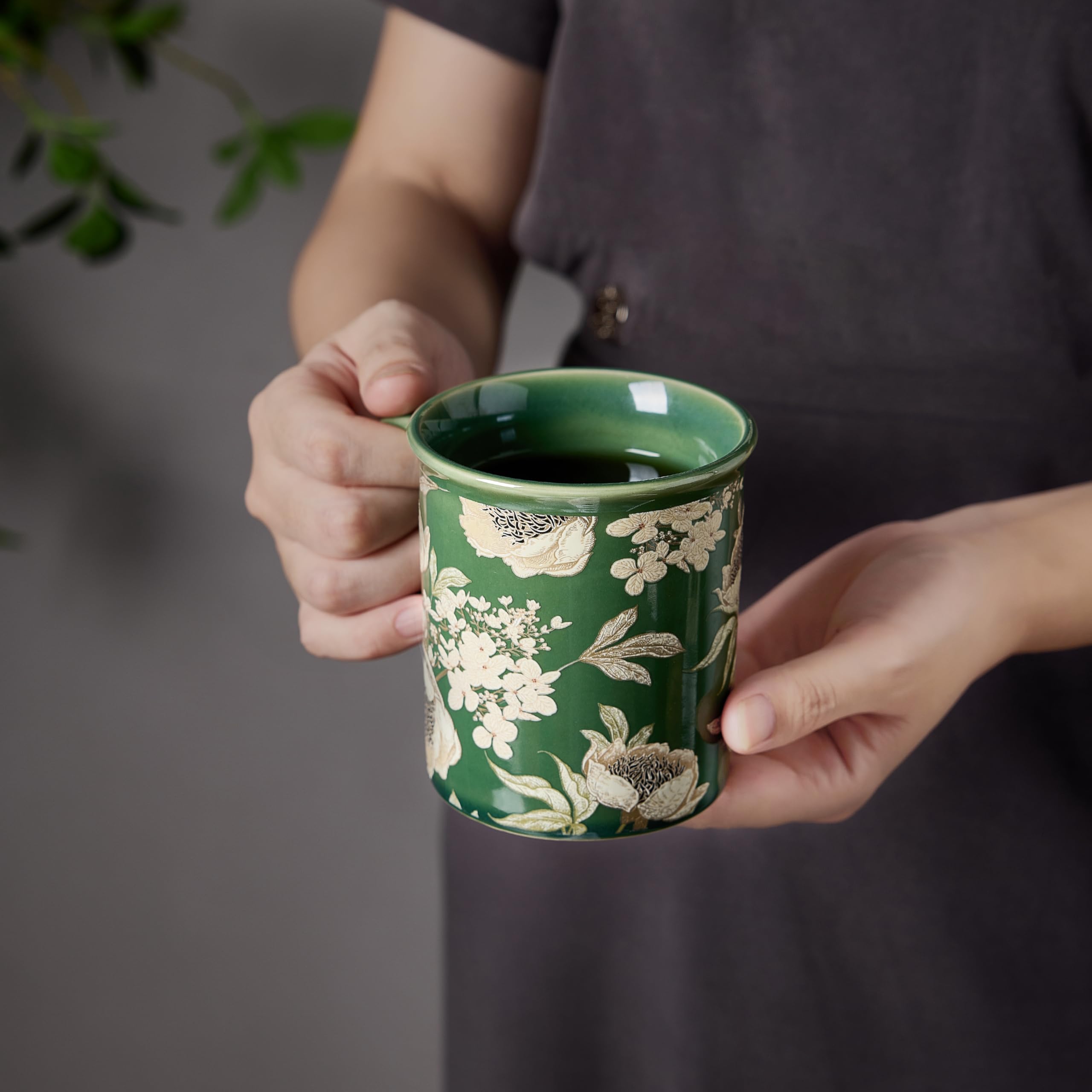 Cappuccino moment with a Royal Bloom mug in a cozy setting.
