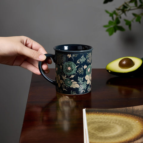Latte served in a Royal Bloom mug, showcasing vintage floral style.
