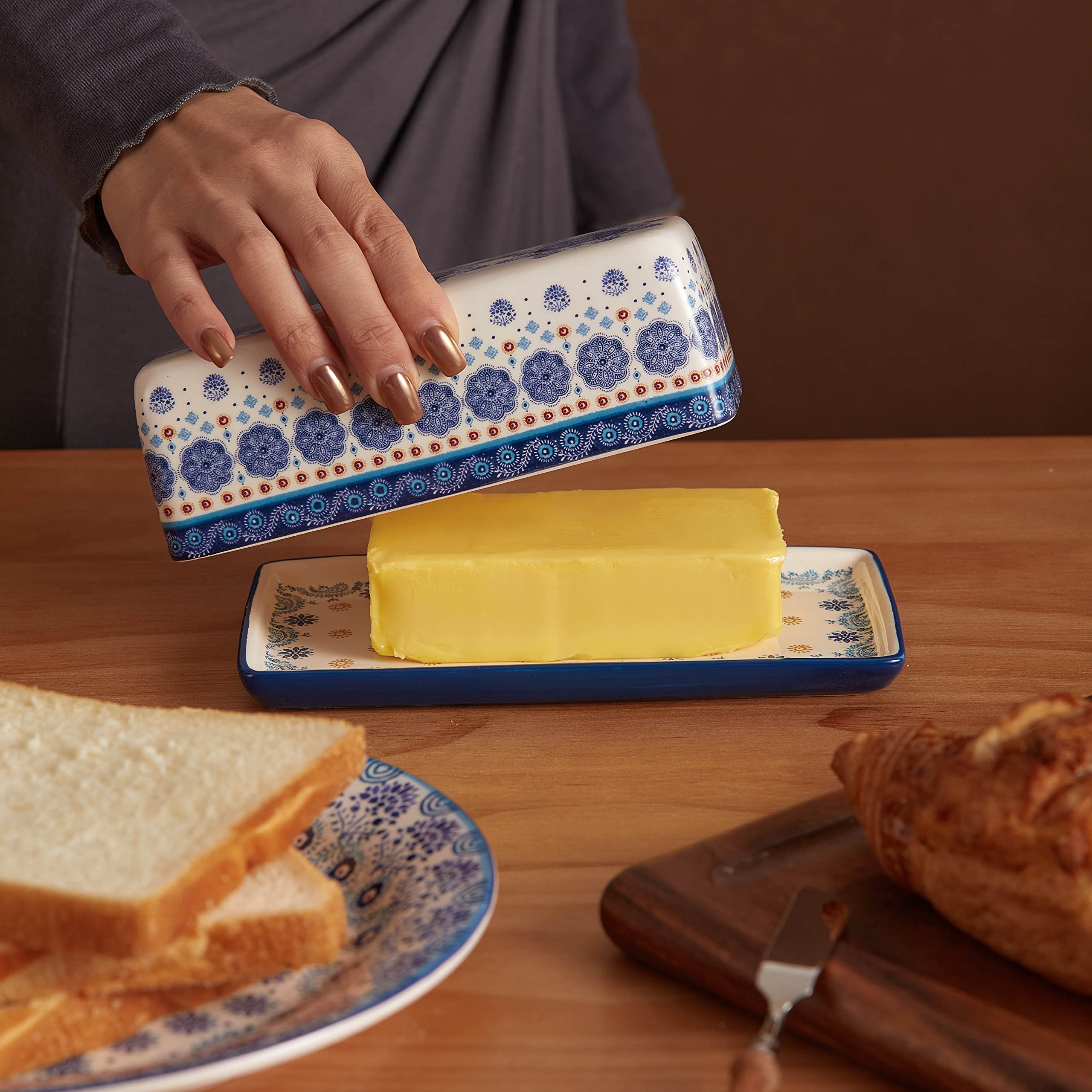 Bico Blue Talavera butter dish with lid removed for easy access