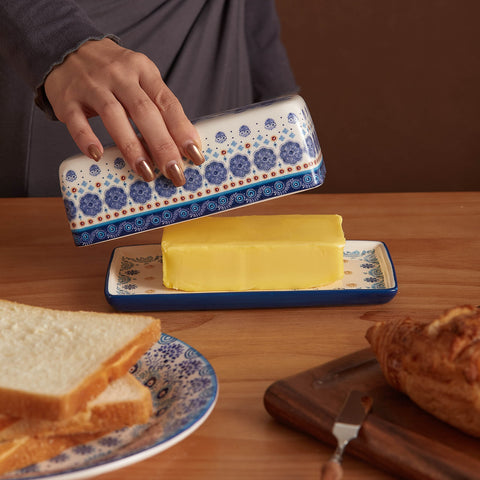 Bico Blue Talavera butter dish with lid removed for easy access