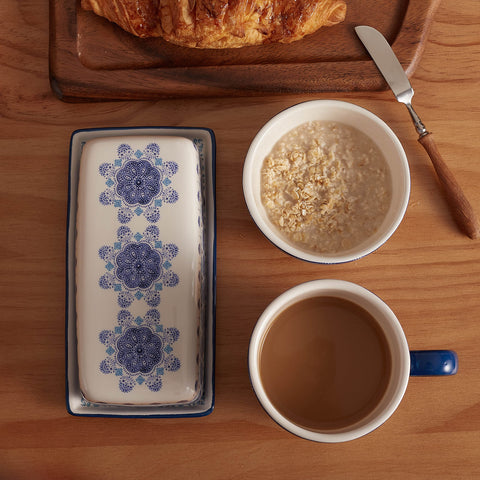 Bico Blue Talavera butter dish on counter for daily use